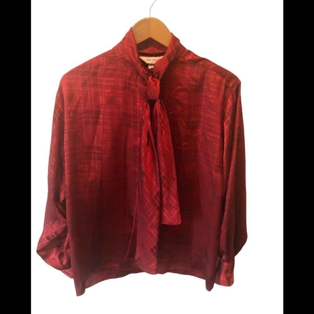 St John Red Tartan Print Long Sleeve Blouse 6 Red Tied Bow Career~Wear Holiday